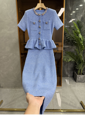 法柜！G上5K+！绵羊毛订钻圆领短袖荷叶边针织连衣裙AN261S023~ME