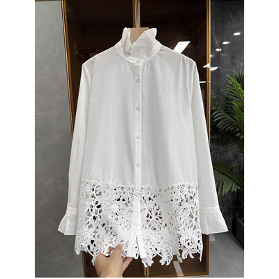 拼接花边镂空荷叶领棉衬衫上衣