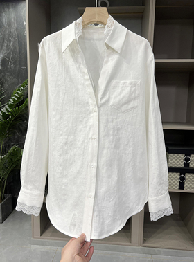 尖货~自带高及~拼接蕾丝长袖衬衫衬衣领亚麻抗皱上衣女116001~ME