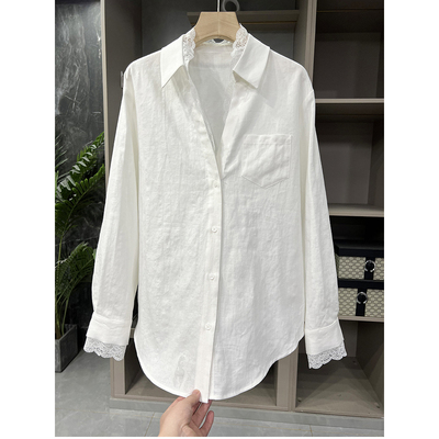 尖~拼接蕾丝衬衣领亚麻抗皱上衣