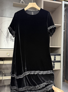 清仓不予退换！料！木耳边真丝丝绒圆领短袖连衣裙26605~ZY
