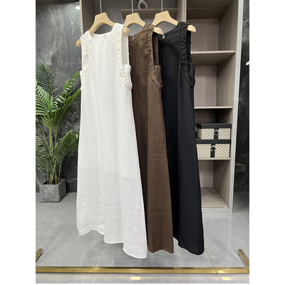 yuan单！亚麻V领无袖背心连衣裙
