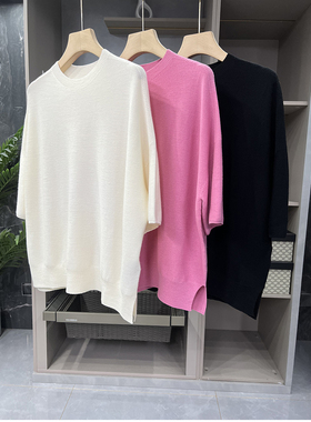 清仓不退！P牌面料！宽松美利奴羊毛针织圆领短袖上衣女   D2168