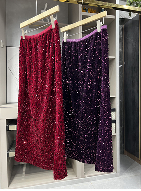 清仓不予退换#4焦点！重工亮片丝绒A字半身裙女23958