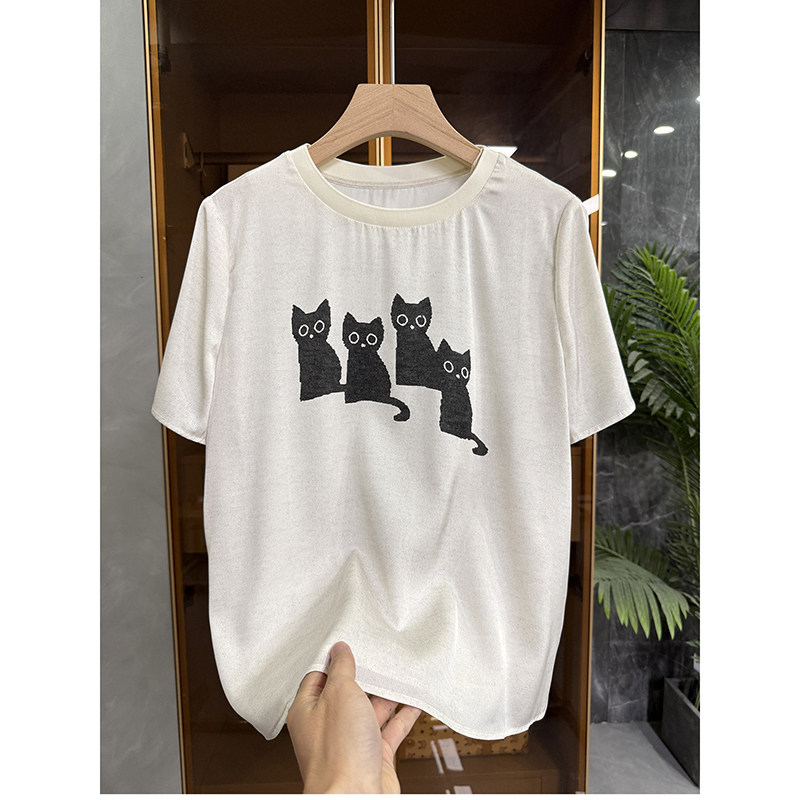 P牌料!真丝四小猫圆领短袖T恤