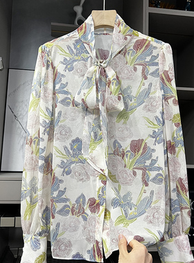 清仓不予退换！法式！10姆米真丝乔其飘带印花衬衫上衣 D25062~ZY