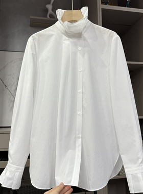 美出片！设计师款！宽松斜襟荷叶领长袖棉衬衫上衣女  26687~ZY
