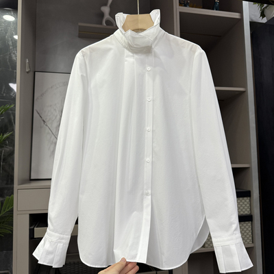 宽松斜襟荷叶领长袖棉衬衫上衣