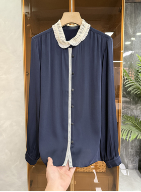 推荐！展会订单！真丝双乔撞色蕾丝翻领衬衫上衣女    A3049~ME