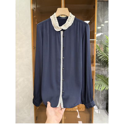 真丝双乔撞色蕾丝翻领衬衫上衣