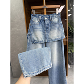 96883 高个子收 女 假两件高腰屁帘牛仔直筒喇叭裤 炸街单品