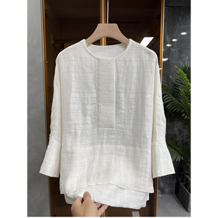 yuan单！设计师款！宽松提花亚麻圆领中袖上衣女    732545~JS