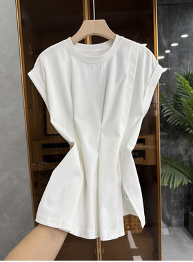 清仓不予退换！挑！收腰压褶开衩圆领飞飞袖棉上衣女   M02192~JS