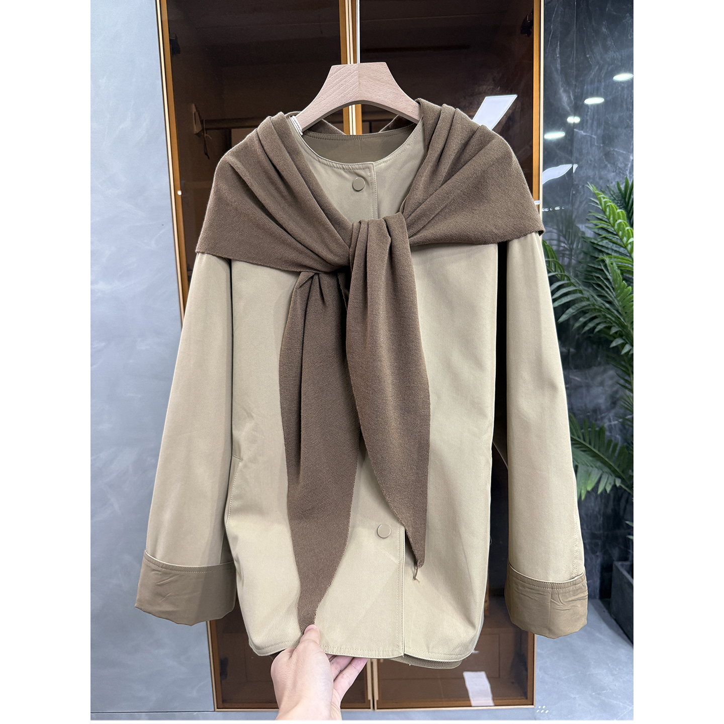 yuan厂订单！三角针织披肩拼接宽松圆领风衣外套女   9M02326~JS