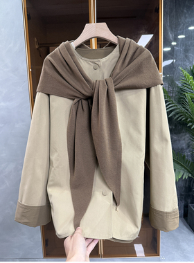 yuan厂订单！三角针织披肩拼接宽松圆领风衣外套女   9M02326~JS