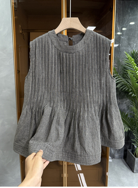 yuan厂P牌！重工打揽亚麻格子圆领无袖背心上衣女   MZ90825~JS