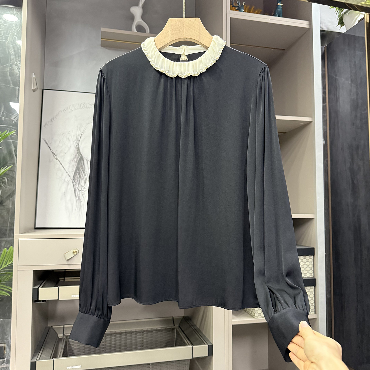 怒推怒推！展会订单！真丝钉珠圆领长袖衬衫上衣女    A251268~ZY