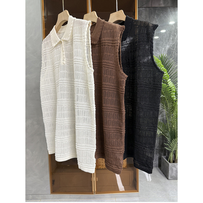 真丝镂空针织衫POLO领无袖上衣