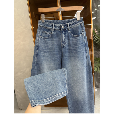 N货！重工洗水中高腰牛仔阔腿裤