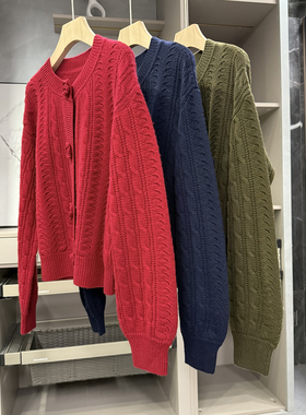 代工厂P牌料！宽松羊绒羊毛麻花圆领针织开衫毛衣女  737210~ZY