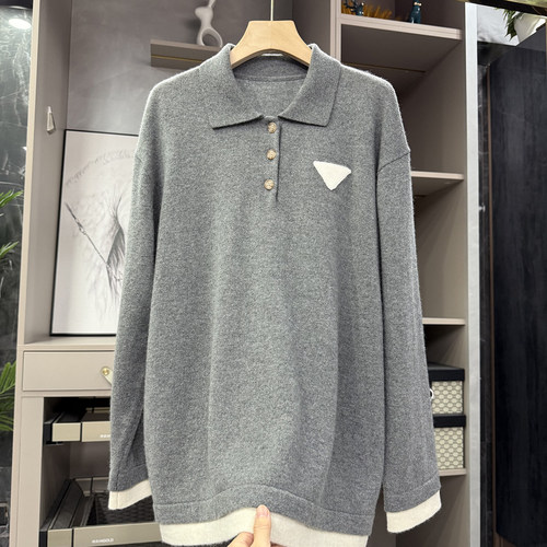 尖货宽松羊绒POLO领长袖针织毛衣