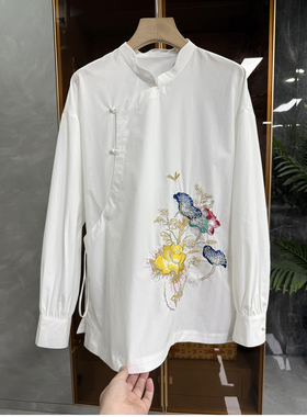 国风新中式！重工钉珠刺绣小立领斜襟棉衬衫上衣女   D25659~ME