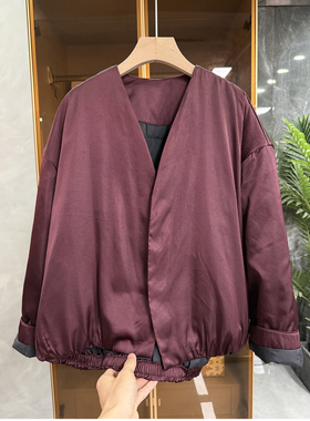 柜款！行走小暖炉！宽松真丝白鹅绒羽绒服V领外套女  W257259~JS