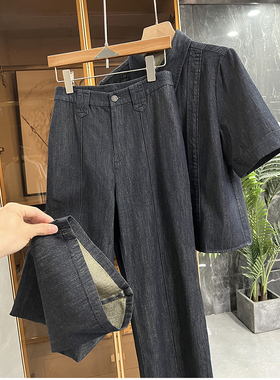 清仓不予退换！订单！短袖牛仔衬衫+直筒长裤套装女M02063~JS