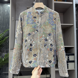 H223107 重工刺绣亮片真丝丝绒立领盘扣外套女 G货 中式