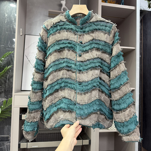 M2549 手工盘扣立领毛须条纹外套女 中式 渠道尖货
