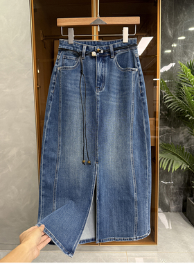 清仓不予退换！货！微弹前开叉牛仔半身裙女T98263~JS