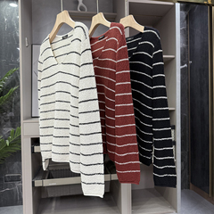 自带慵懒氛围！肌理羊毛V领长袖条纹针织上衣女  H1968~ZY