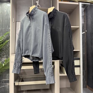 立领拉链短外套女 尖货 G上4K 宽松羊毛拼接花边长袖 HW6005