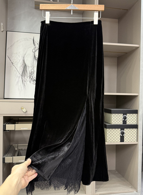 美翻！浪漫法式！拼接蕾丝丝绒开衩A字半身裙女  W803~ZY