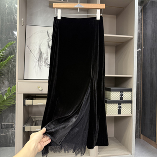 W803 拼接蕾丝丝绒开衩A字半身裙女 浪漫法式 美翻