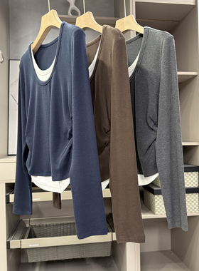 N货！怎么穿都好看！假两件磨毛圆领长袖棉T恤女     M02363~ZY