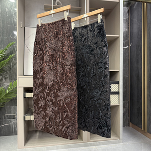 HK999 变美神器 重工亮片丝绒花朵包臀后开衩半身裙女