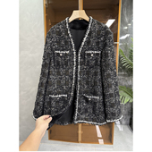 法式 AE0349 莼尾G货 宽松格子粗花呢羊毛V领外套女