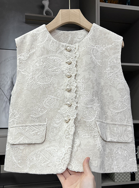 清仓不予退换！工厂外M单！刺绣蕾丝亚麻圆领开襟马甲女S85240~ZY