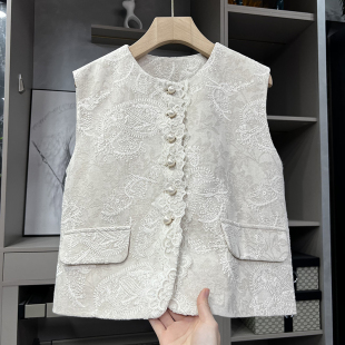 S85240 刺绣蕾丝亚麻圆领开襟马甲女 工厂外M单 闭眼shou
