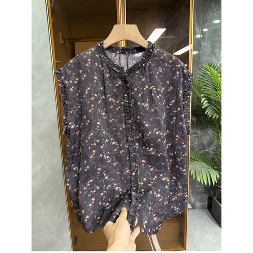 宽松苎麻小碎花木耳边小飞袖衬衫
