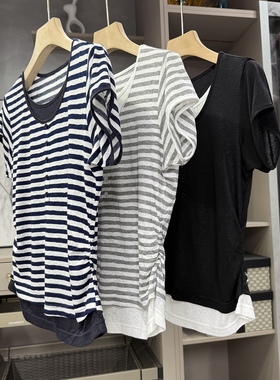 清仓不予退换！！假两件条纹圆领短袖T恤上衣女S85513~ZY