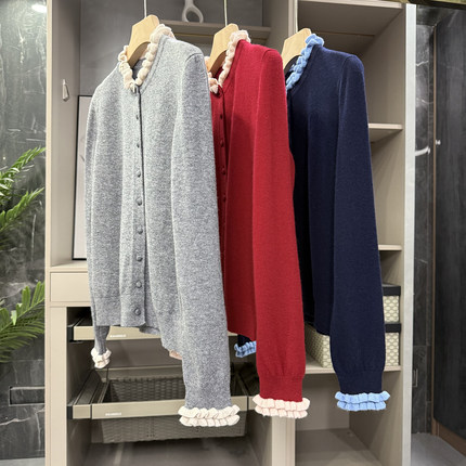 美翻！优雅法式！撞色木耳边羊毛针织开衫女    S85681~ZY