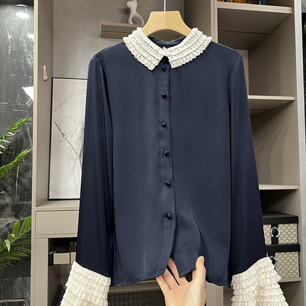 元厂出！设计师款！拼接真丝双乔长袖衬衫上衣女     A2430~ZY