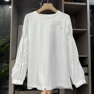 设计师款！10穿9美！拼接长袖圆领棉T恤上衣女     250926003~ZY