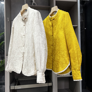 拼花边盘扣立领真丝提花外套女26222 清仓不予退换 新中式