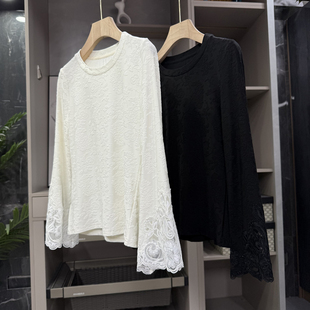 Q货！怎么穿都好看！冰丝棉提花圆领蕾丝边长袖T恤女   H25600~ZY