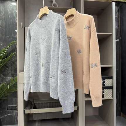 自留款！工厂外M单！宽松刺绣羊毛圆领针织毛衣女    S85828~ZY