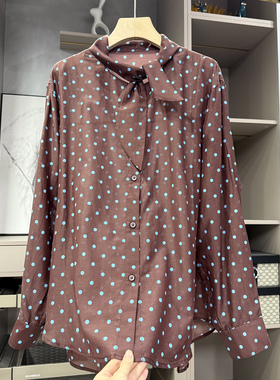 自带复古滤镜！宽松真丝棉波点飘带长袖衬衫上衣女   X0120~ZY
