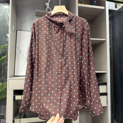 宽松真丝棉波点飘带长袖衬衫上衣
